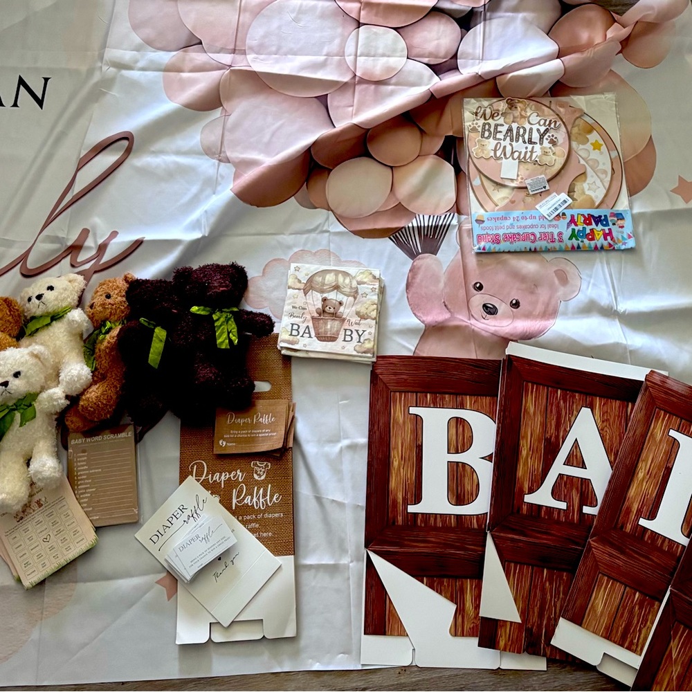 Baby shower decor.  We Can Bearly Wait theme in brown, tan and cream colors.